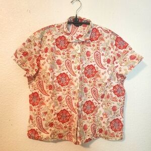 Lands'‎ End Floral Red Women's Shirt Sleeve Shirt, Size XL